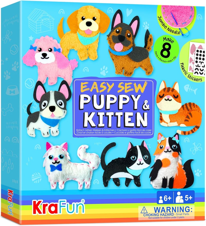 KRAFUN طقم خياطة سهل للأطفال المبتدئين للفنون والحرف، 8 مشاريع سهلة لصنع دمى الحيوانات المحشوة من الجراء والقطط، هدايا للبنات والأولاد، تعلم الخياطة - Image 1